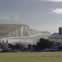Buy canvas prints of  Coastguard Cottages at Cuckmere Haven, and the Se by Michael Chandler