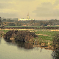 Buy canvas prints of  Chichester Cathedral, from the Hunston bridge by Michael Chandler
