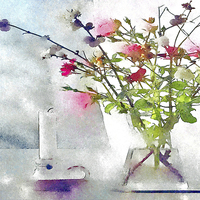 Buy canvas prints of  Still life water colour of roses and a candle by Michael Chandler