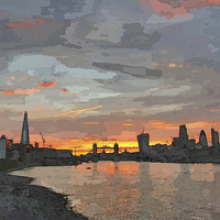 Buy canvas prints of  London skyline sunset. Digital water colour. by Michael Chandler