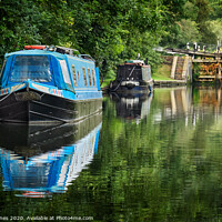 Buy canvas prints of Two narrow boats and a lock gate. by Peter Jones