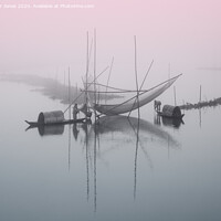 Buy canvas prints of Two fishermen attend to their nets by Peter Jones