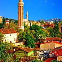 Buy canvas prints of Digital painting, rooftops with mosque in Kaleici, by ken biggs
