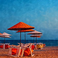 Buy canvas prints of Digital painting of beach umbrellas and a tree at  by ken biggs