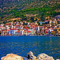 Buy canvas prints of Digital painting of the port of Vathy on Samos Gre by ken biggs