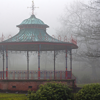 Buy canvas prints of Park bandstand on a foggy winters day by ken biggs