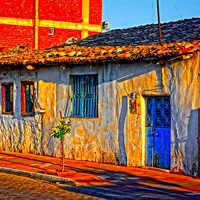 Buy canvas prints of A digitally constructed painting a Turkish village by ken biggs