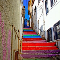 Buy canvas prints of multi colored steps in a Turkish village by ken biggs