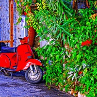 Buy canvas prints of  a red scooter in a village street by ken biggs