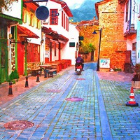 Buy canvas prints of cobbled back streets of Kaleici in Antalya Turkey by ken biggs