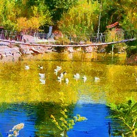 Buy canvas prints of Duck pond and rope bridge digitally painted by ken biggs