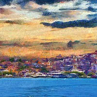 Buy canvas prints of A digital painting of Kusadasi harbor Turkey by ken biggs