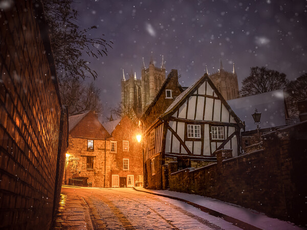 Snow falling on Michaelgate, Lincoln Picture Board by Andrew Scott