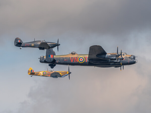 BBMF Lancaster, Spitfire and Hurricane Picture Board by Andrew Scott