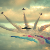 Buy canvas prints of  Red Arrows and AVRO Vulcan XH558 flypast by Andrew Scott