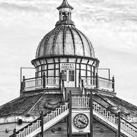 Buy canvas prints of  Eastbourne Pier, Camera Obscura (Greyscale) by Justin Hubbard