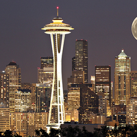 Buy canvas prints of seattle at night with moon by Paul Fell