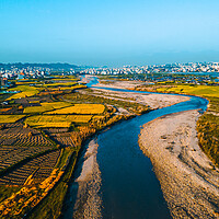 Buy canvas prints of aerial view of paddy farm field and river with a mountain by Ambir Tolang