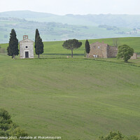 Buy canvas prints of Hillside Farm and church in Tuscany by Adrian Beese