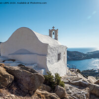 Buy canvas prints of Greek Church overlooking the sea, Ios by Jo Sowden