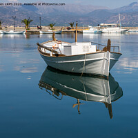 Buy canvas prints of Reflections of Greek Boat, Nafplio by Jo Sowden