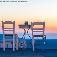 Buy canvas prints of Table for two with a view, Santorini, Greece by Jo Sowden