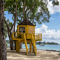 Buy canvas prints of Life guard tower on the Beach, Barbados by Jo Sowden