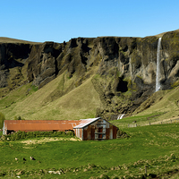 Buy canvas prints of  Livestock building with waterfall in background,  by Stephen Jones