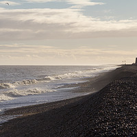 Buy canvas prints of Waves on Aldeburgh beach with martello tower in ba by Mark Roper
