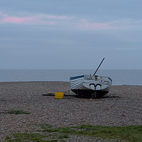 Buy canvas prints of Fishing boat on Aldeburgh shingle beach at sunset by Mark Roper