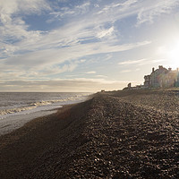 Buy canvas prints of Aldeburgh shingle beach bright sun in winter with  by Mark Roper