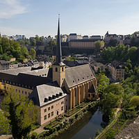 Buy canvas prints of St Jean du Grund church in Luxembourg from above by Mark Roper