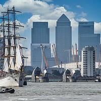 Buy canvas prints of  sailing  ship Dar Mlodziezy and canary wharf  by tim miller