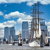 Buy canvas prints of sailing ship Dar Mlodziezy with flotilla on River  by tim miller