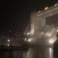 Buy canvas prints of  Tower Bridge at night in fog by tim miller