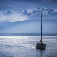 Buy canvas prints of Boat on Lac Leman at Sunset by Meurig Pembrokeshire