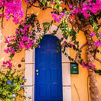 Buy canvas prints of Blue door with Bougainvillea by Naylor's Photography