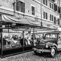 Buy canvas prints of Car and Restaurant Italy - Mono by Naylor's Photography