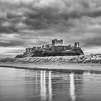 Buy canvas prints of Bamburgh Castle reflections black and white  by Naylor's Photography