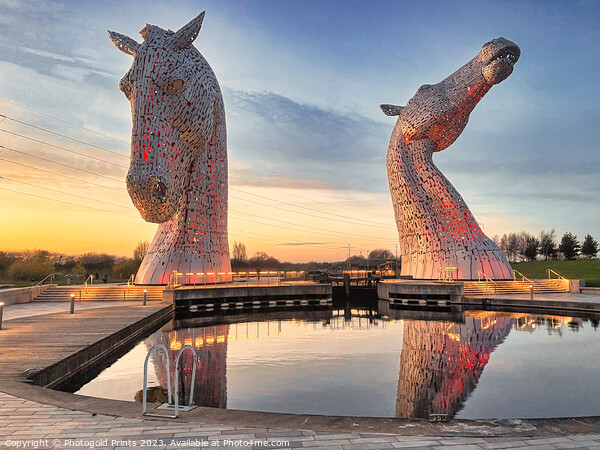  the Kelpies at sunset  , the Helix , Falkirk Picture Board by Photogold Prints