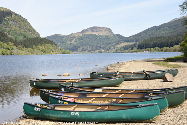 canoes on the shore of Loch Lubnaig,  the Highland Picture Board by Photogold Prints
