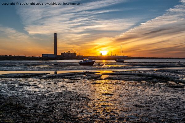 Fawley Power Station, sunset and boats Picture Board by Sue Knight