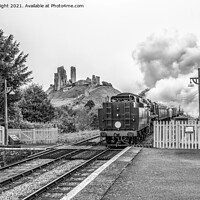 Buy canvas prints of Steam train with Corfe Castle in the background by Sue Knight