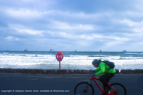 Stormy Sea Cyclist in Tor Bay Picture Board by Stephen Hamer