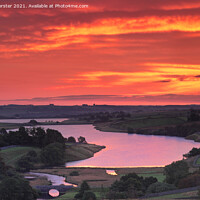 Buy canvas prints of Beautiful Red Dawn Sky over the Blackton and Hury Reservoirs, Ba by David Forster