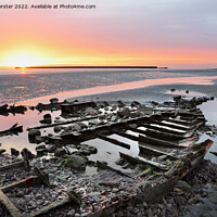 Buy canvas prints of Sunset and Shipwreck on Beach at Boulogne-sur-Mer, France by David Forster