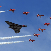 Buy canvas prints of Red Arrows Tribute to the Vulcan Bomber  by Richard Long