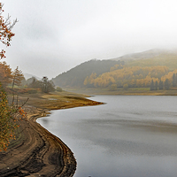 Buy canvas prints of  Misty Autumn and low water at the Derwent Dam by Richard Long