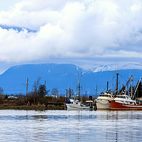 Buy canvas prints of Fishing boats moored on the Fraser River BC Canada by Richard Long