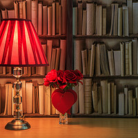 Buy canvas prints of Valentine scene with Table lamp, hearts and roses by Richard Long